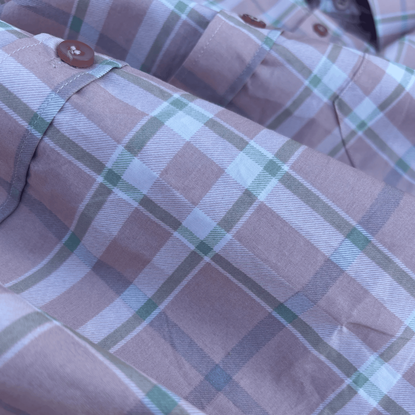 Pastel-Pink-Beige Checkered Shirt with Green & White Tones