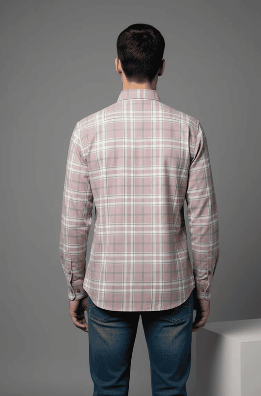 Pastel-Pink-Beige Checkered Shirt with Green & White Tones