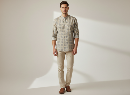Shirt-Style-(Cream Beige with Blue Print)-Kurta