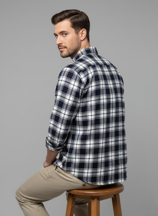 Dark-Navy Checkered Shirt with White-Grey-Beige Lines 