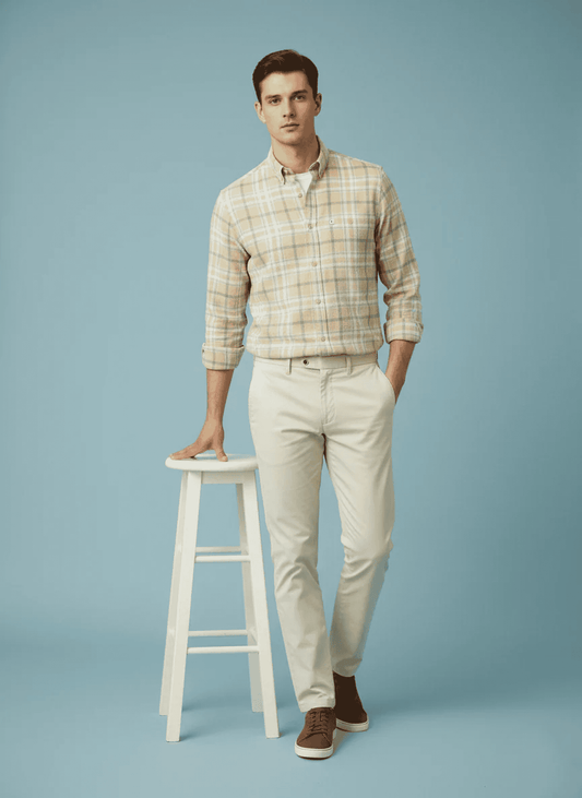Light-Beige-Yellow Checkered Shirt with Pastel Blue & Green Lines