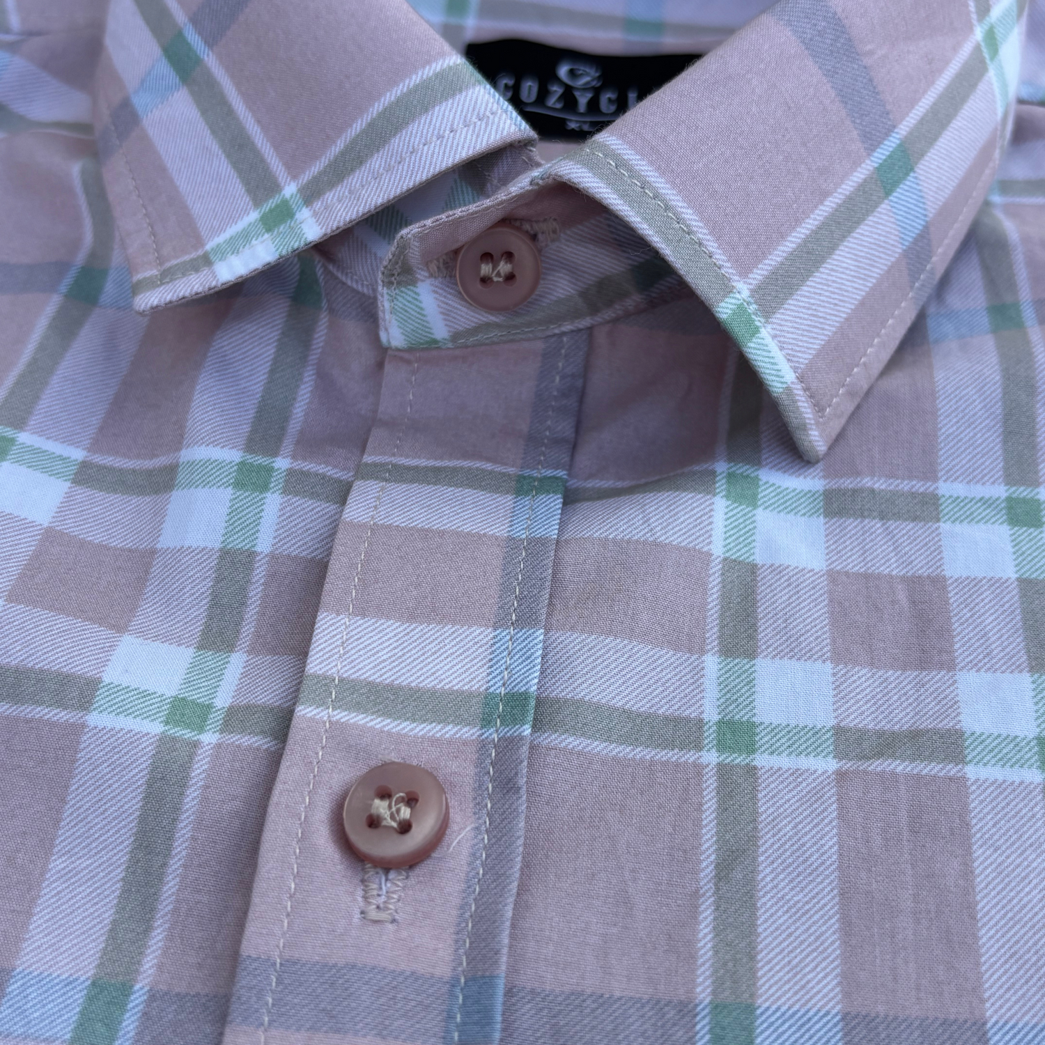Pastel-Pink-Beige Checkered Shirt with Green &amp; White Tones