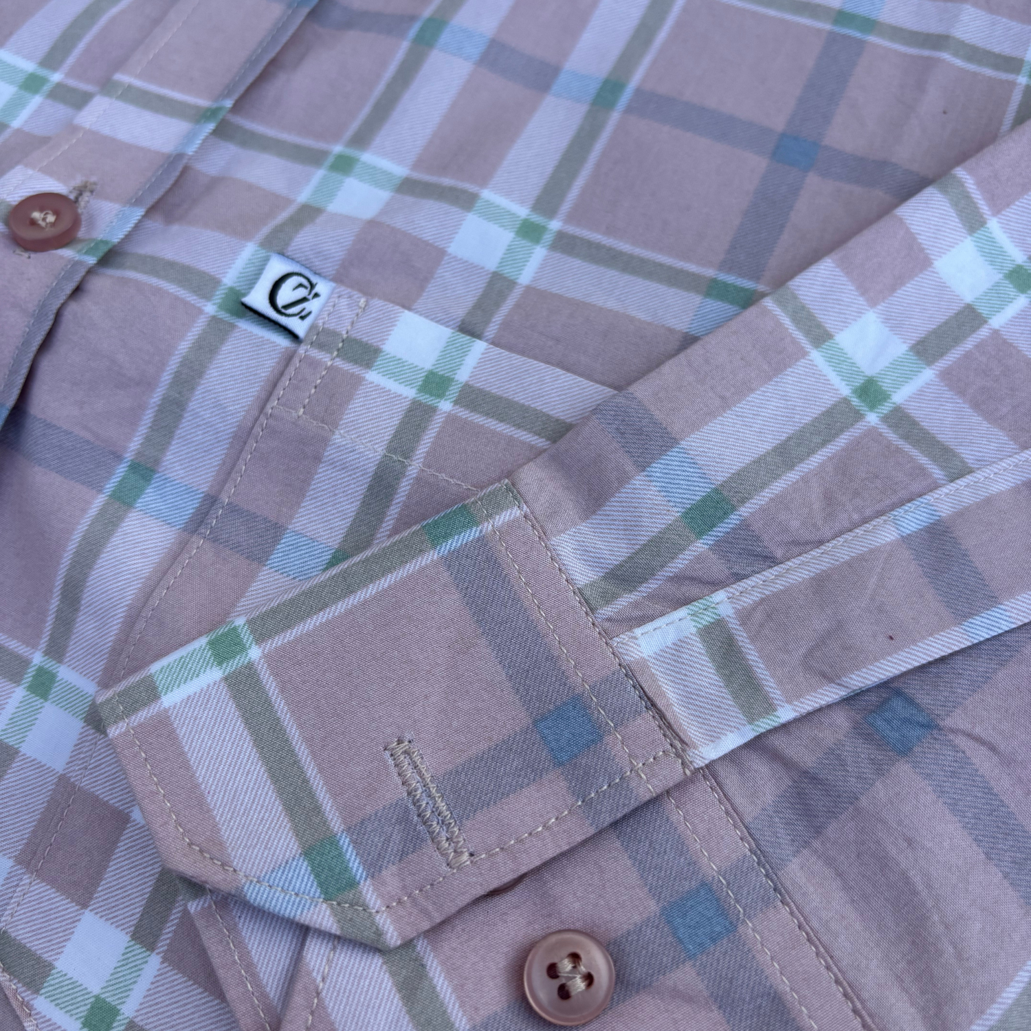 Pastel-Pink-Beige Checkered Shirt with Green &amp; White Tones