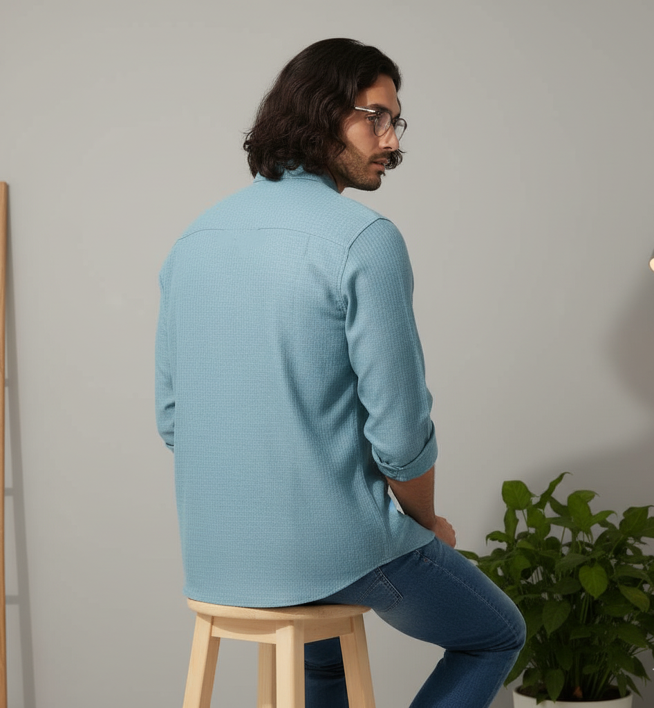 Teal Blue Dual-Flap Cotton Shirt