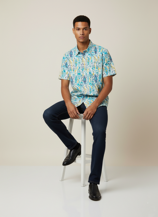Sky Blue Ikat Print Cotton Shirt
