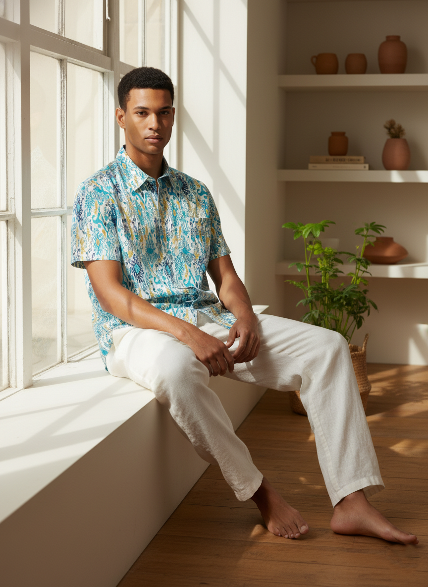 Sky Blue Ikat Print Cotton Shirt