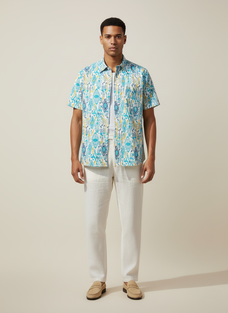 Sky Blue Ikat Print Cotton Shirt