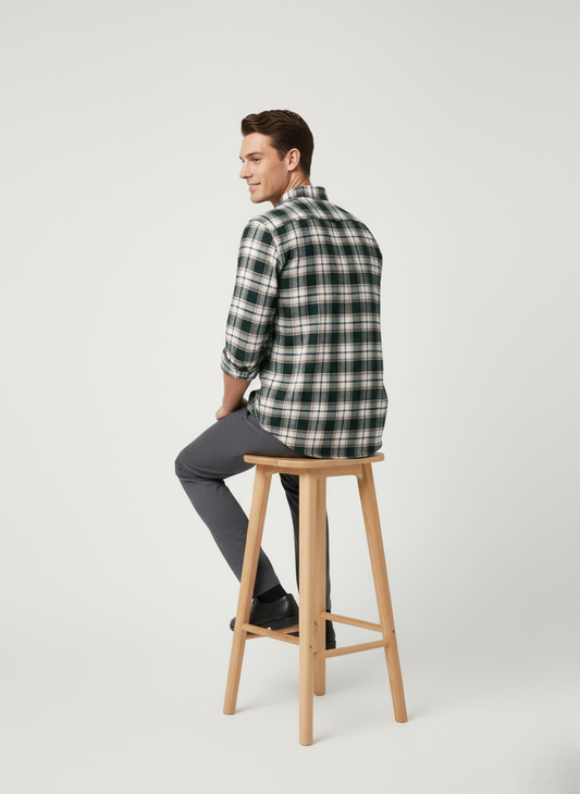 Dark-Green Checkered Shirt with White &amp; Beige Checks