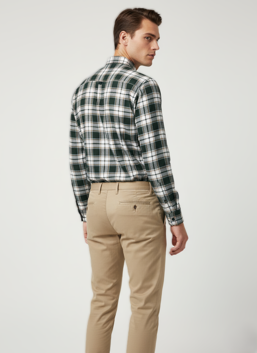 Dark-Green Checkered Shirt with White &amp; Beige Checks