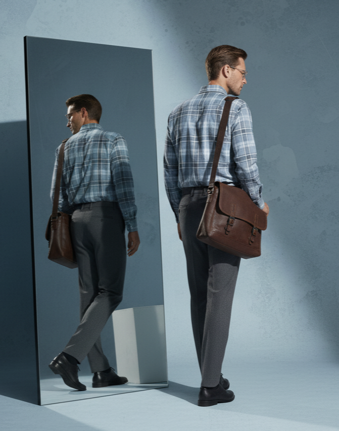 Light Blue-Grey Checkered Shirt with White-Brown-Darker Grey Checks