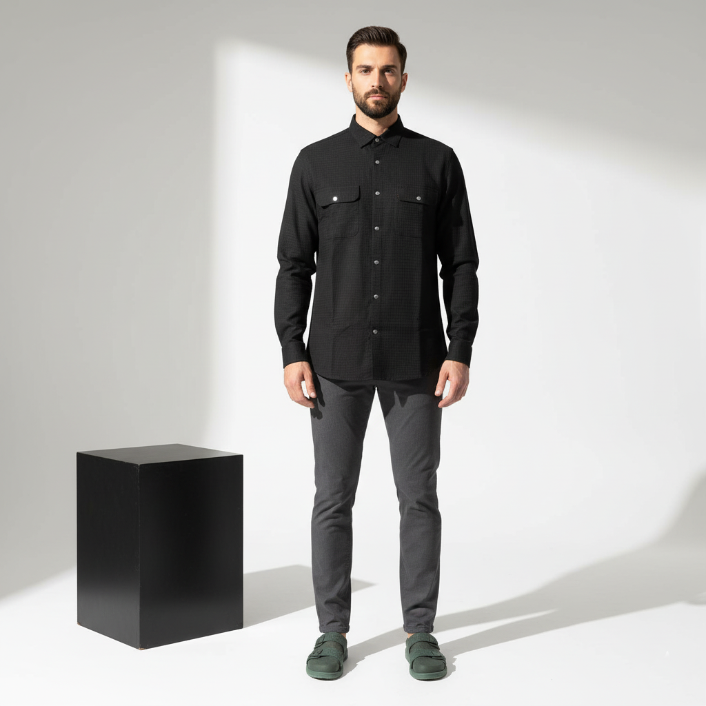 Black Dual-Flap Cotton Shirt