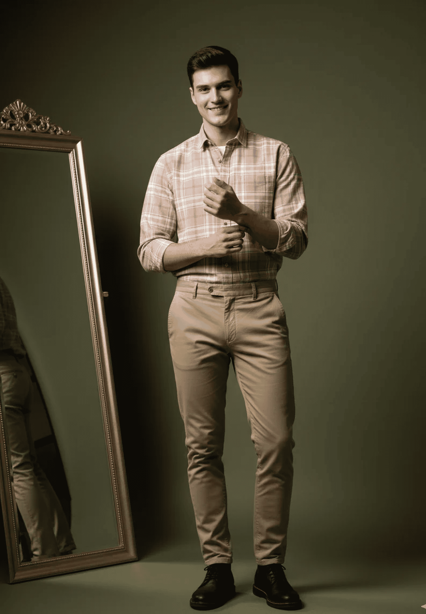 Pastel-Pink-Beige Checkered Shirt with Green &amp; White Tones