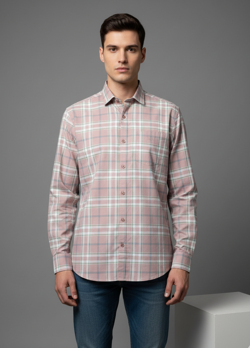 Pastel-Pink-Beige Checkered Shirt with Green &amp; White Tones