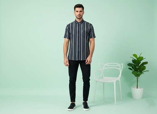 Navy with Grey & White Stripe Shirt