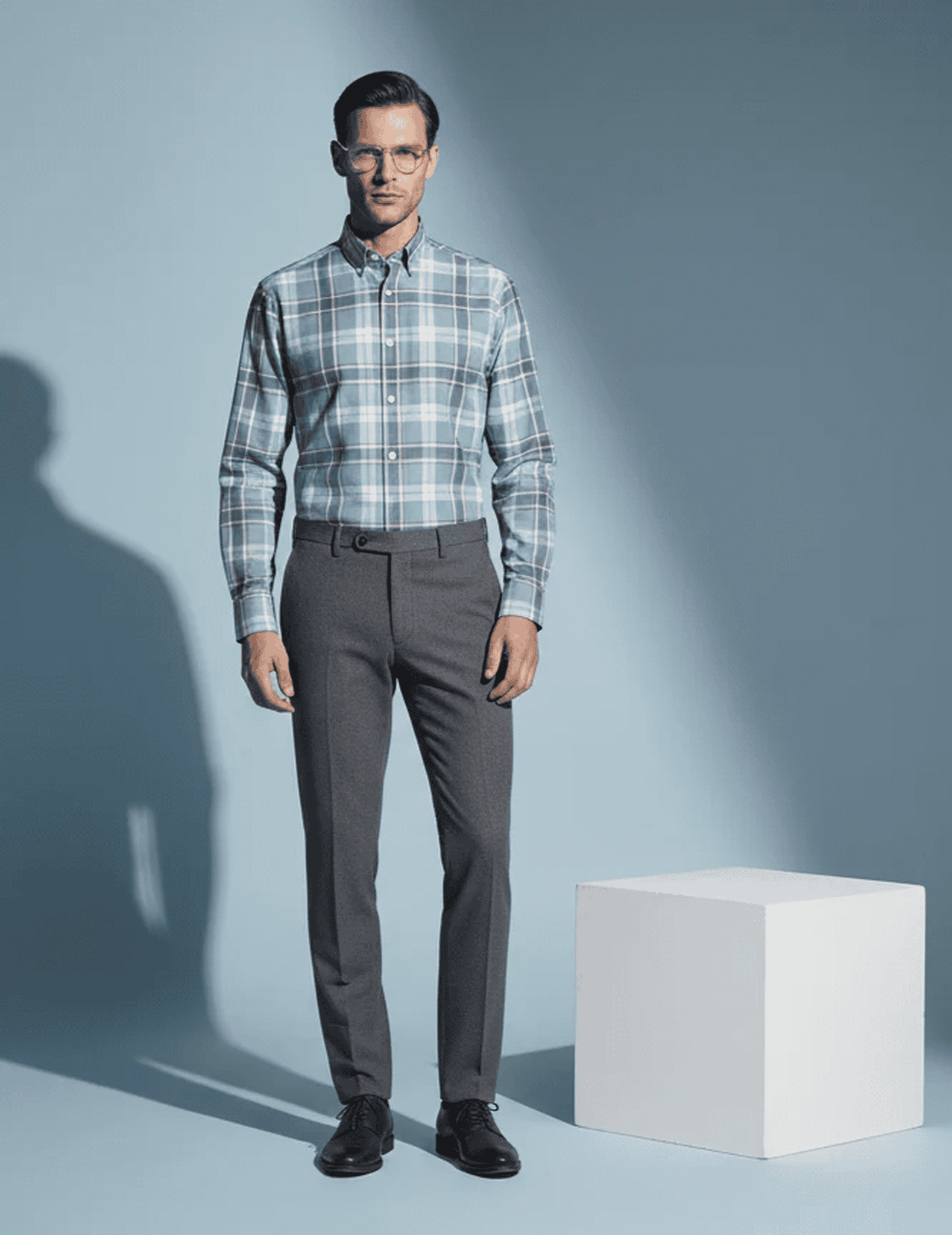 Light Blue-Grey Checkered Shirt with White-Brown-Darker Grey Checks
