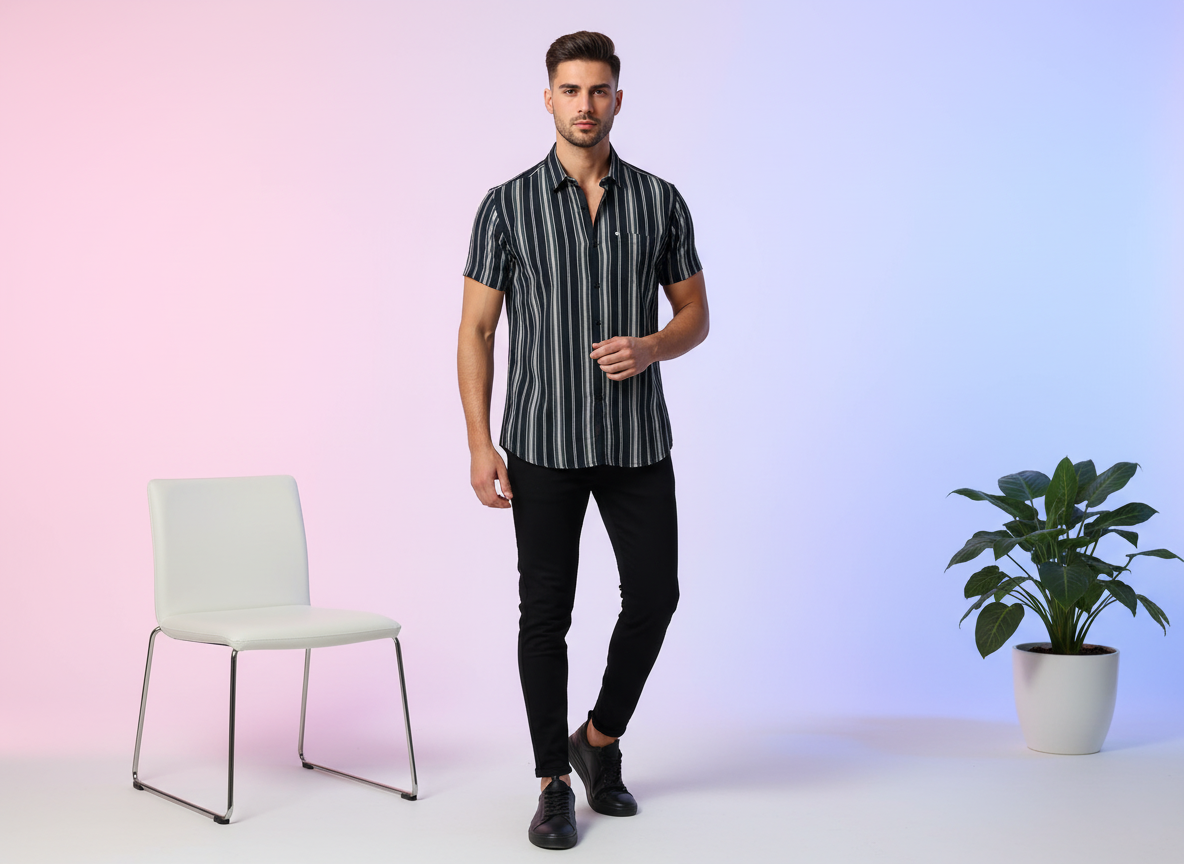 Navy with Grey & White Stripe Shirt