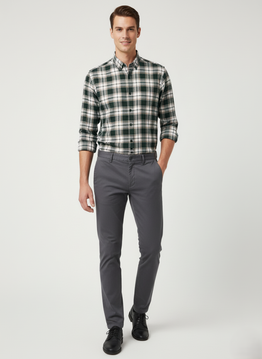 Dark-Green Checkered Shirt with White &amp; Beige Checks