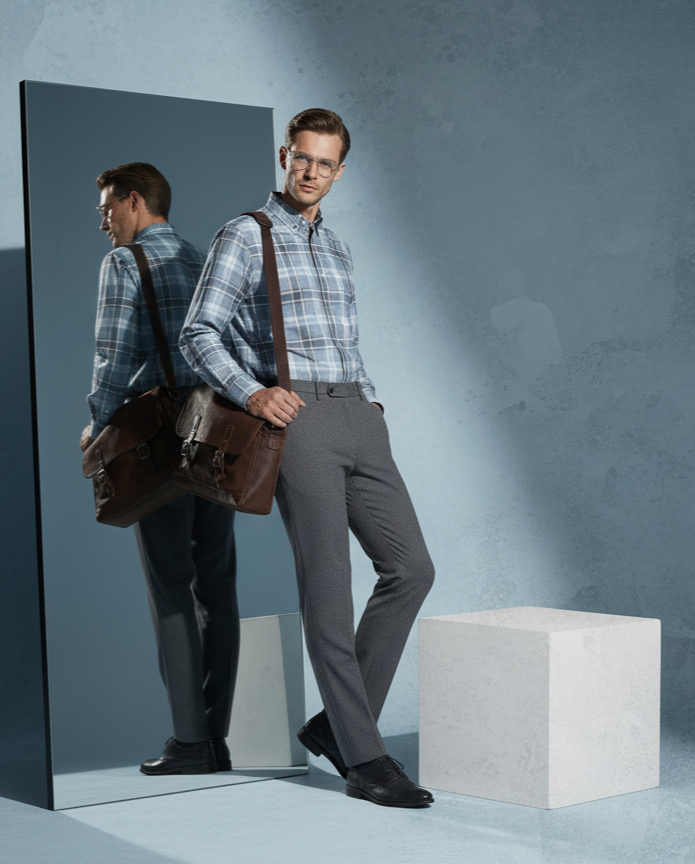 Light Blue-Grey Checkered Shirt with White-Brown-Darker Grey Checks