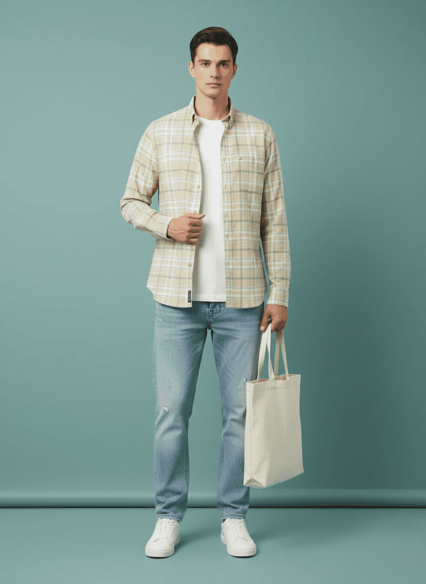 Light-Beige-Yellow Checkered Shirt with Pastel Blue &amp; Green Lines