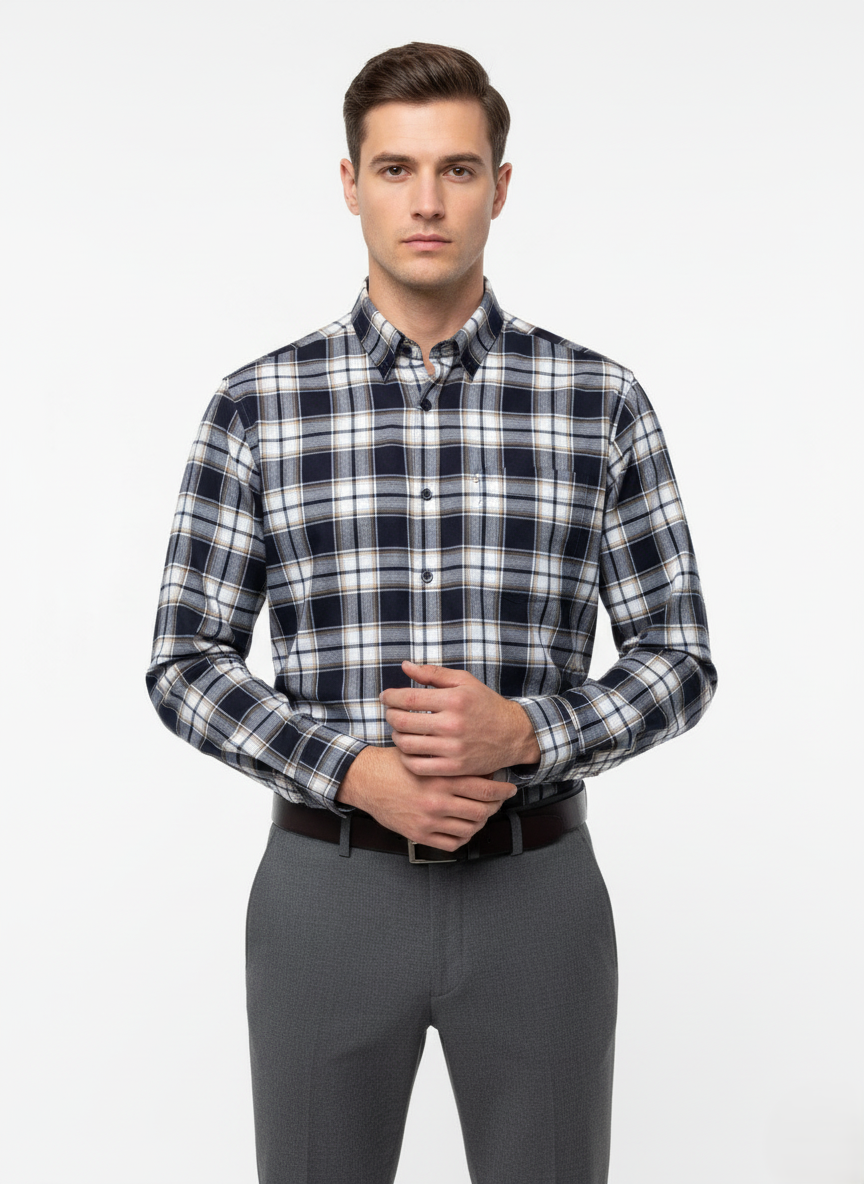 Dark-Navy Checkered Shirt with White-Grey-Beige Lines&nbsp;