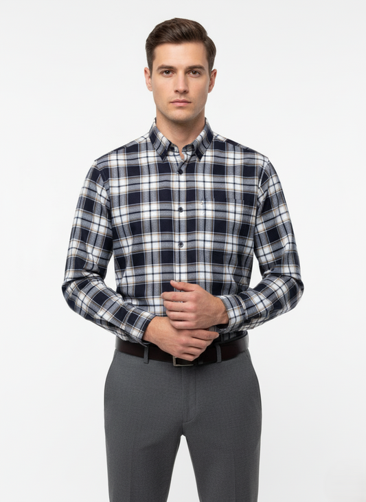 Dark-Navy Checkered Shirt with White-Grey-Beige Lines&nbsp;