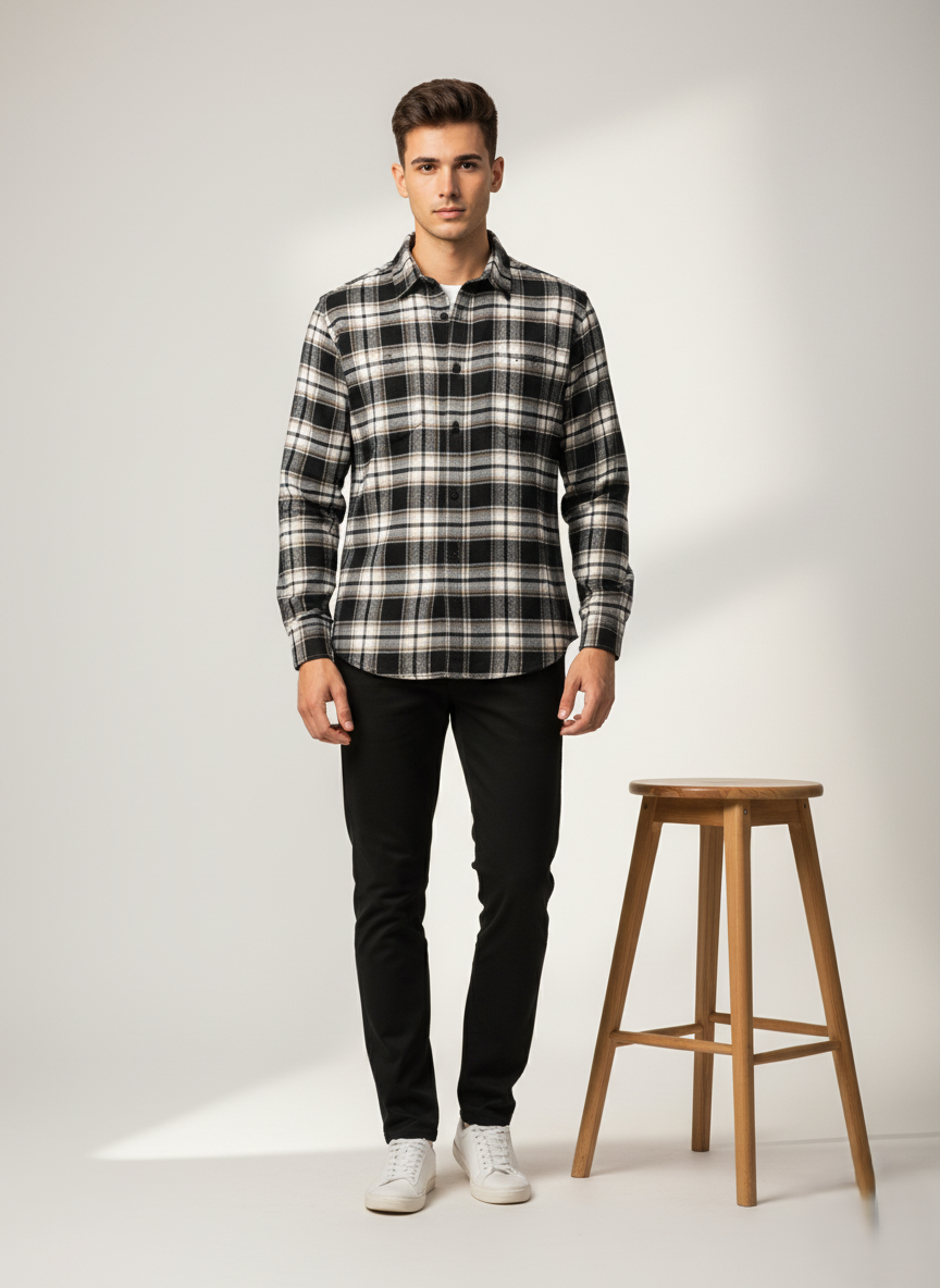 Black-White-Beige Checkered Shirt