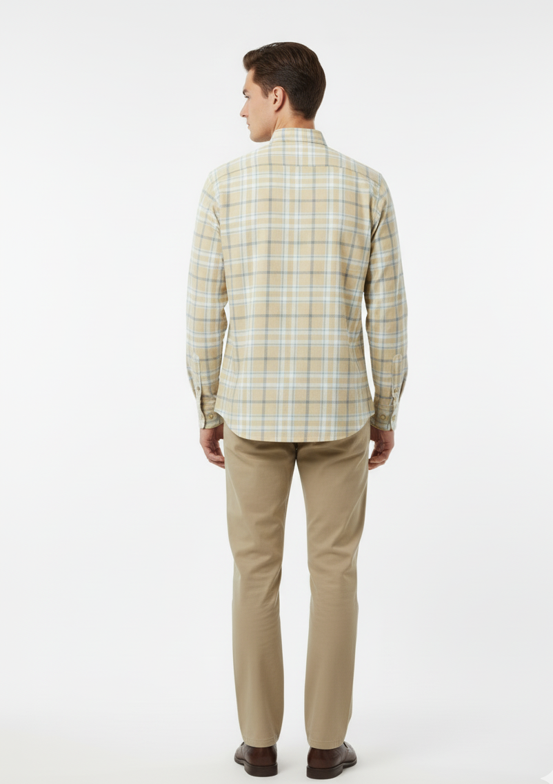 Light-Beige-Yellow Checkered Shirt with Pastel Blue &amp; Green Lines