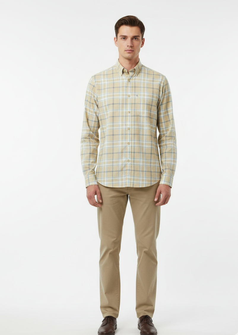 Light-Beige-Yellow Checkered Shirt with Pastel Blue &amp; Green Lines