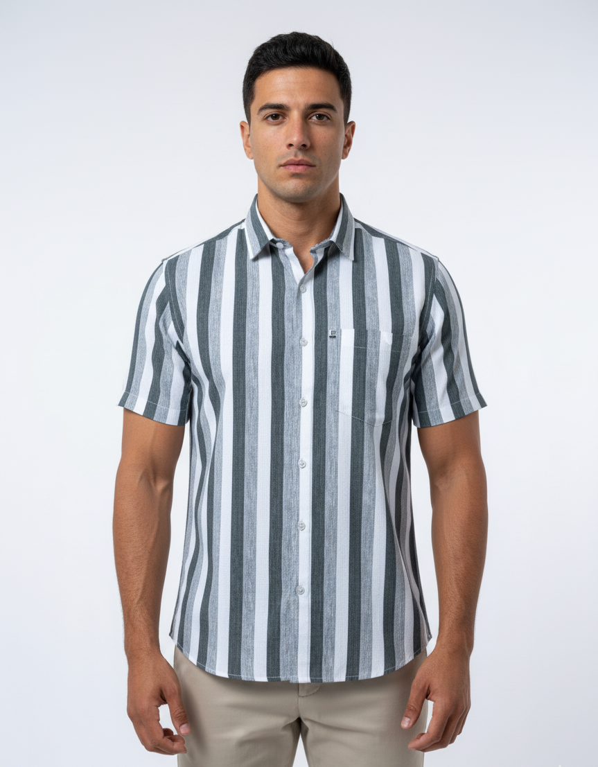 White Stripe With Charcoal & Blue-Grey Shirt