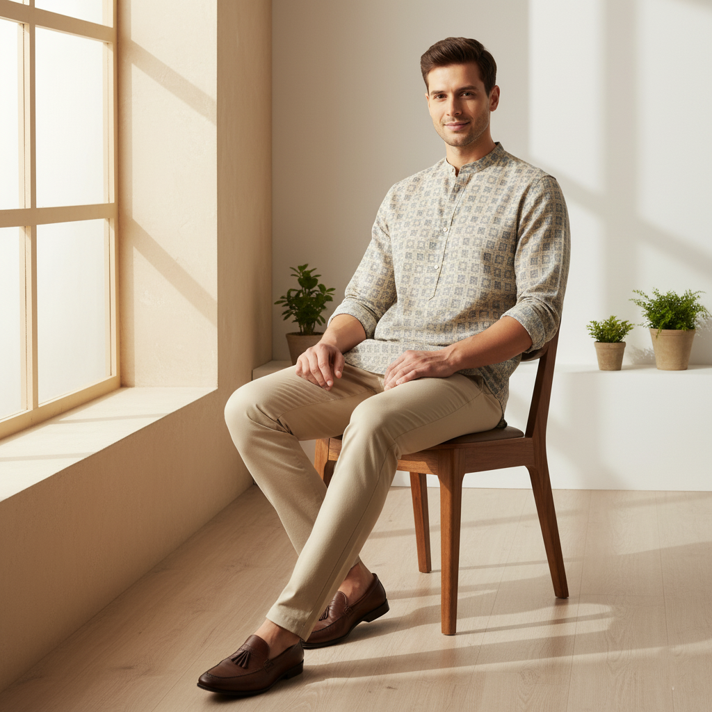 Shirt-Style-(Cream Beige with Blue Print)-Kurta