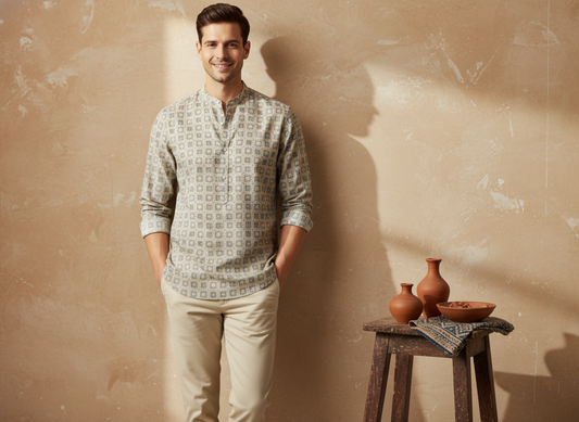 Shirt-Style-(Cream Beige with Blue Print)-Kurta