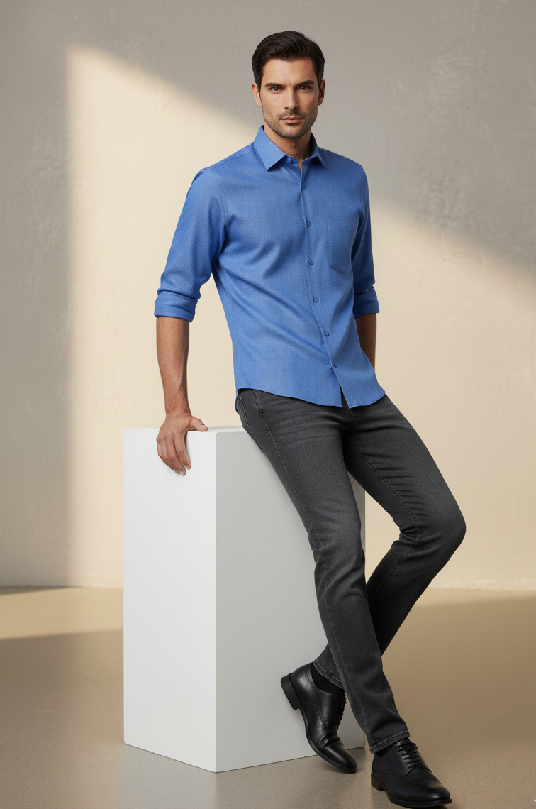 Navy Blue Micro-Checks Shirt