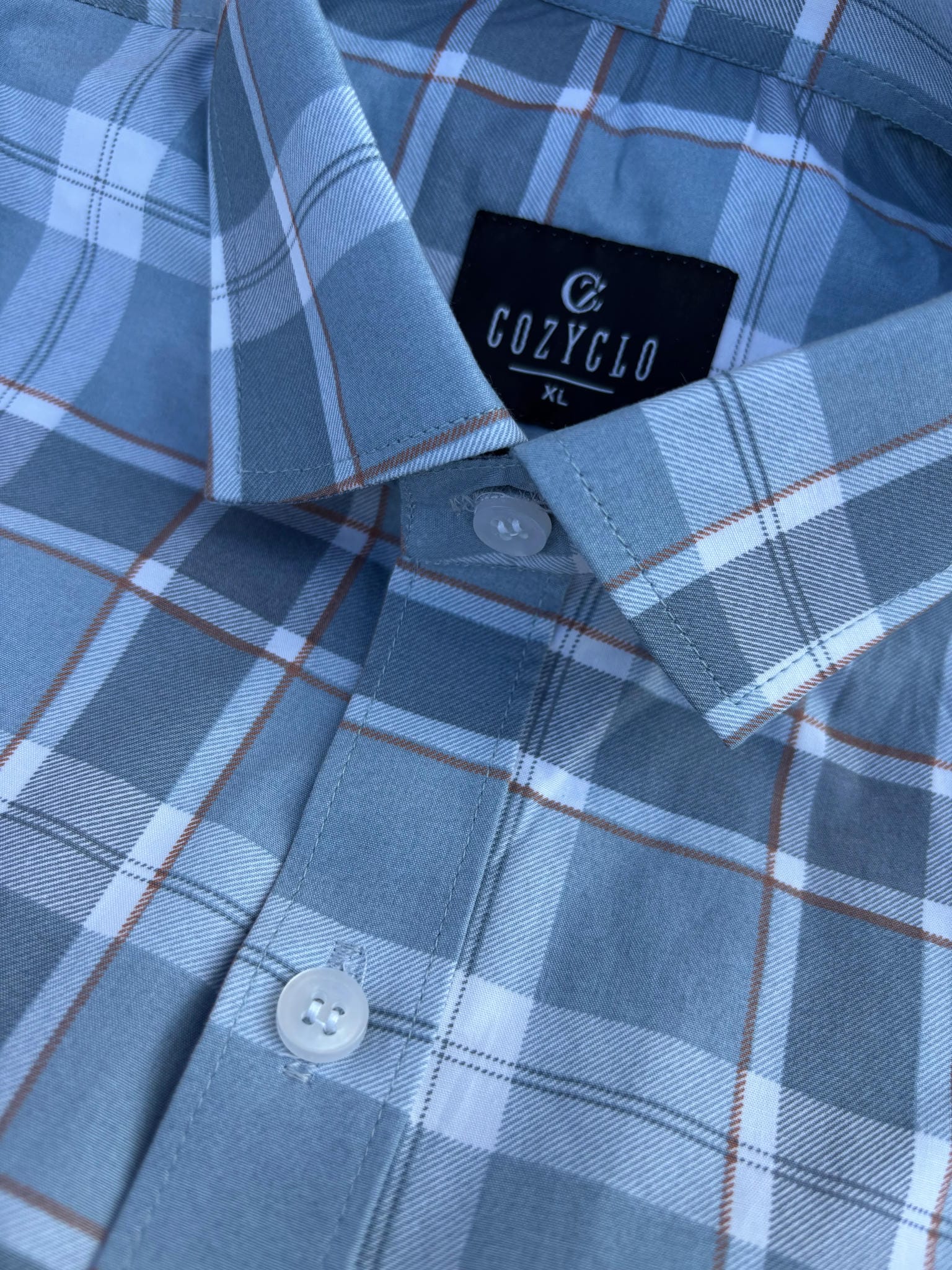 Light Blue-Grey Checkered Shirt with White-Brown-Darker Grey Checks