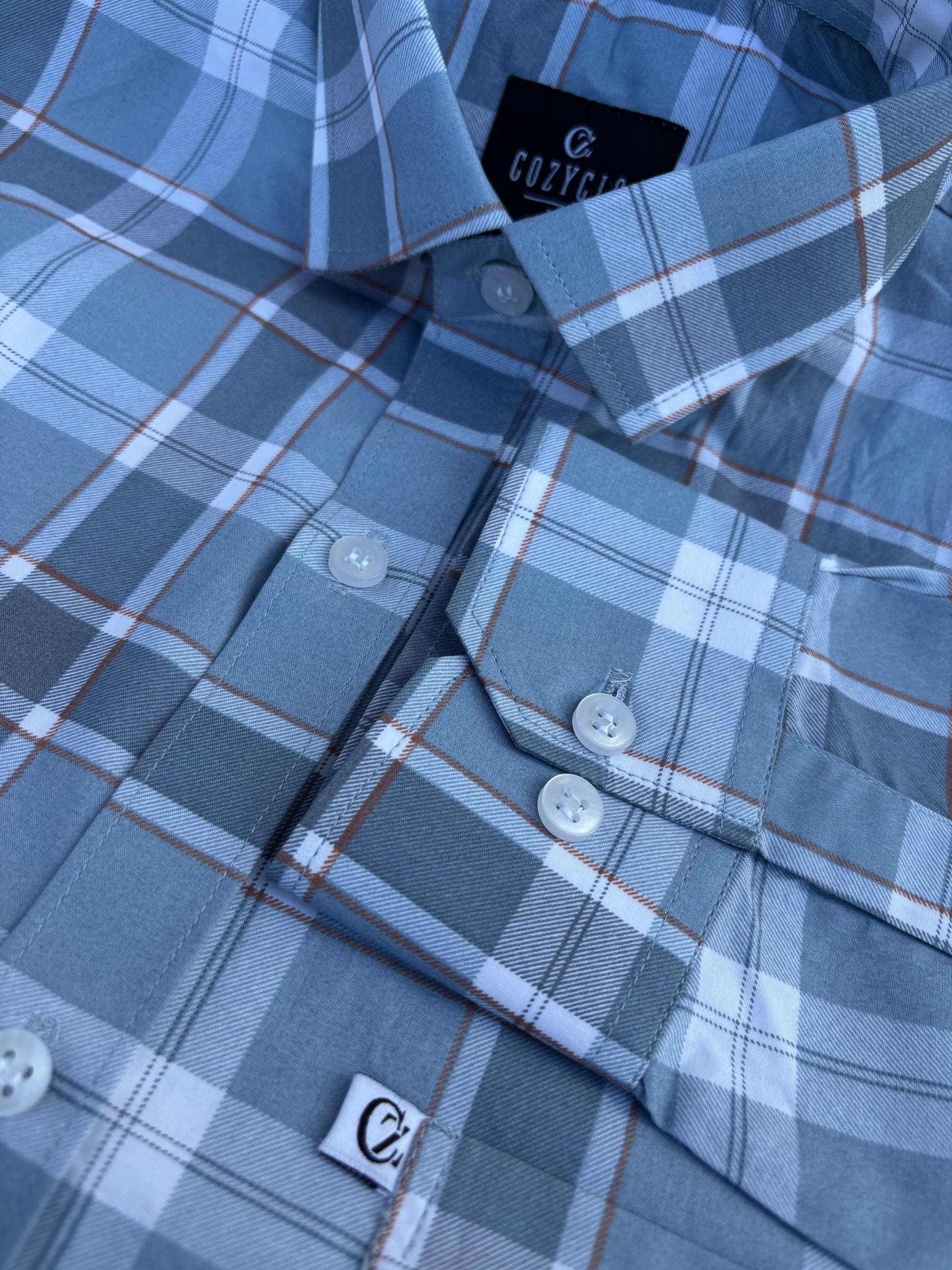 Light Blue-Grey Checkered Shirt with White-Brown-Darker Grey Checks