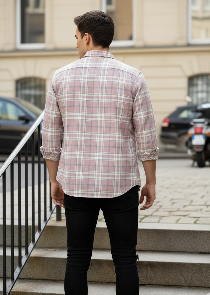 Pastel-Pink-Beige Checkered Shirt with Green &amp; White Tones